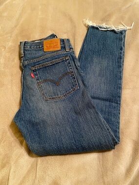 Levi's Straight Leg Dark Blue Denim Jeans with Frayed Hem